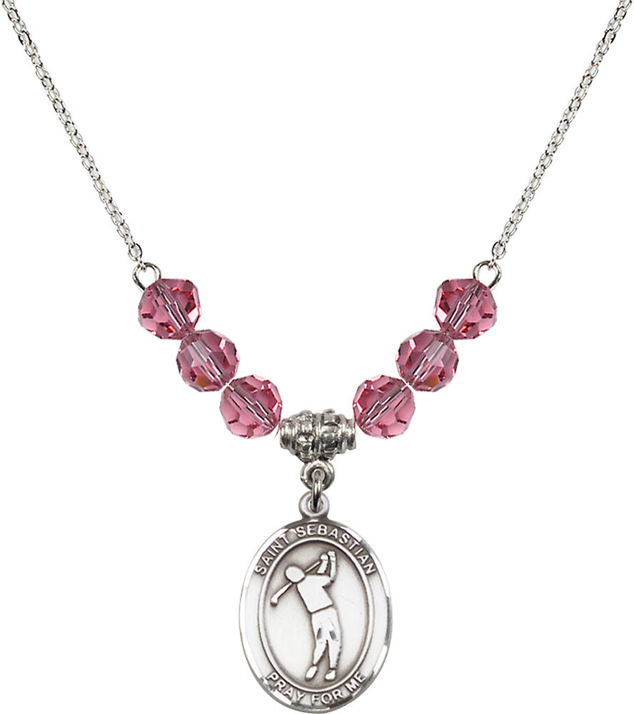 Sterling Silver Saint Sebastian/Golf Birthstone Necklace with Rose Beads - 8162