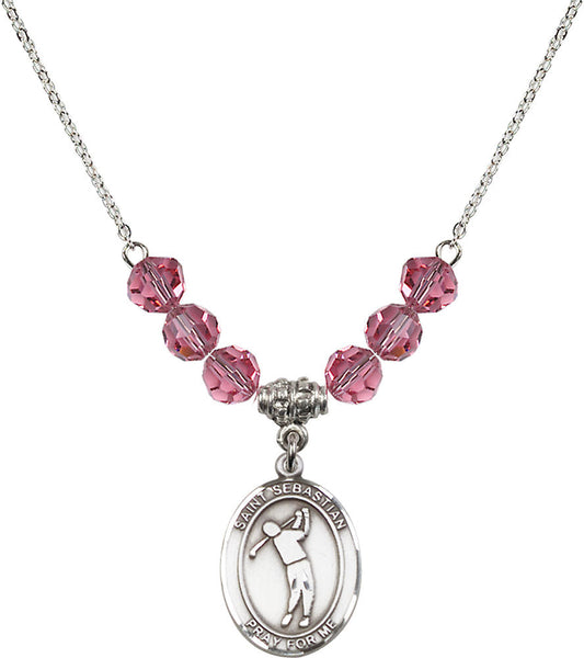 Sterling Silver Saint Sebastian/Golf Birthstone Necklace with Rose Beads - 8162