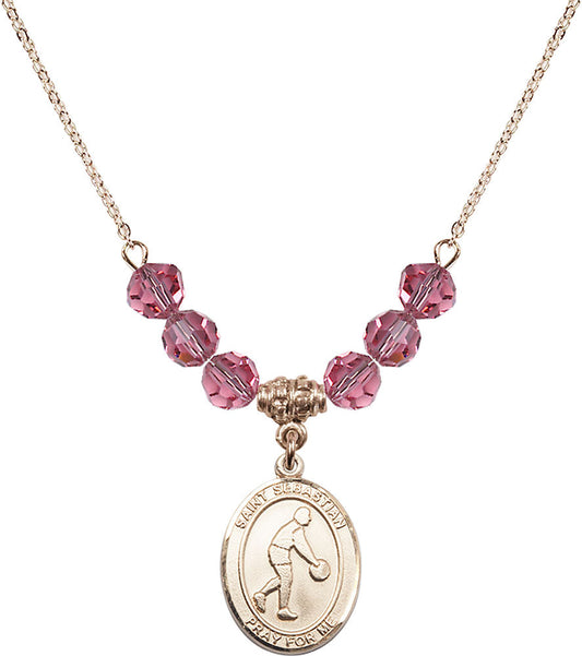 14kt Gold Filled Saint Sebastian/Basketball Birthstone Necklace with Rose Beads - 8163
