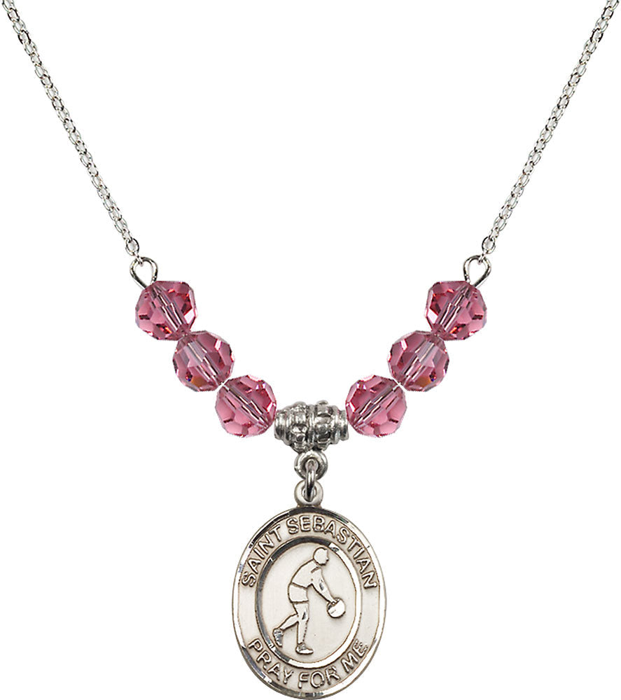 Sterling Silver Saint Sebastian/Basketball Birthstone Necklace with Rose Beads - 8163