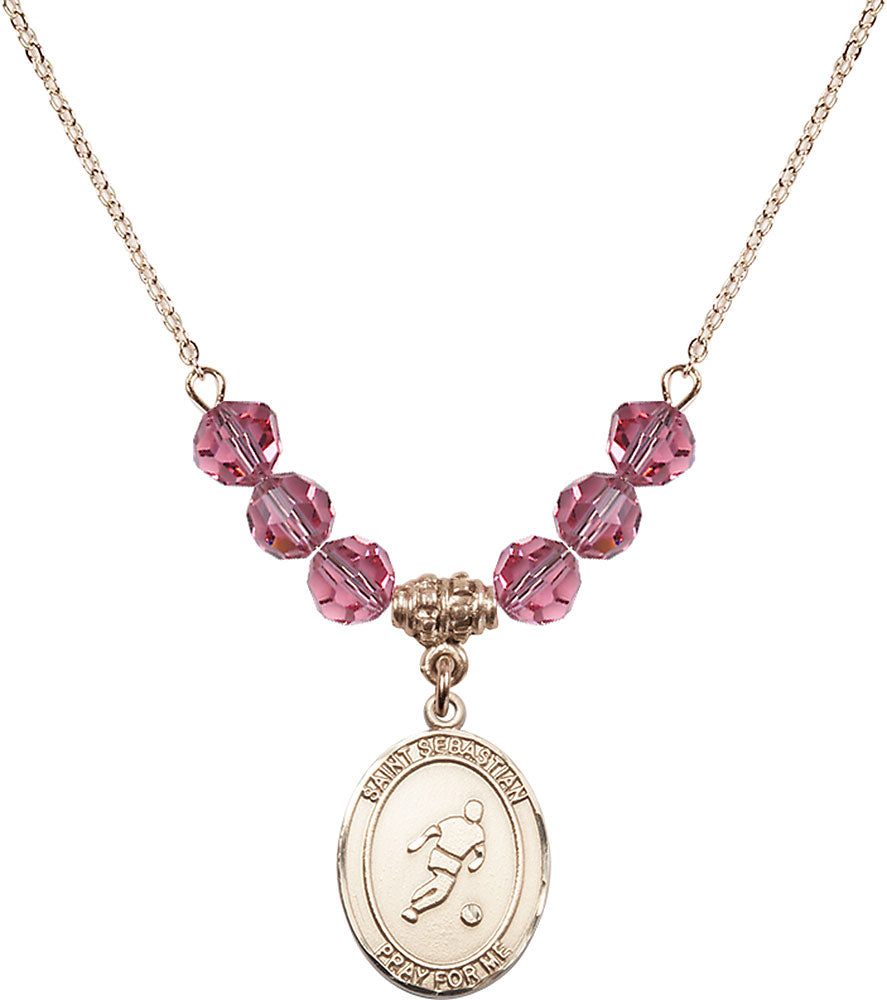 14kt Gold Filled Saint Sebastian/Soccer Birthstone Necklace with Rose Beads - 8164
