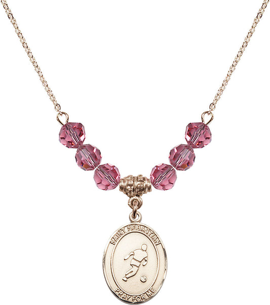 14kt Gold Filled Saint Sebastian/Soccer Birthstone Necklace with Rose Beads - 8164