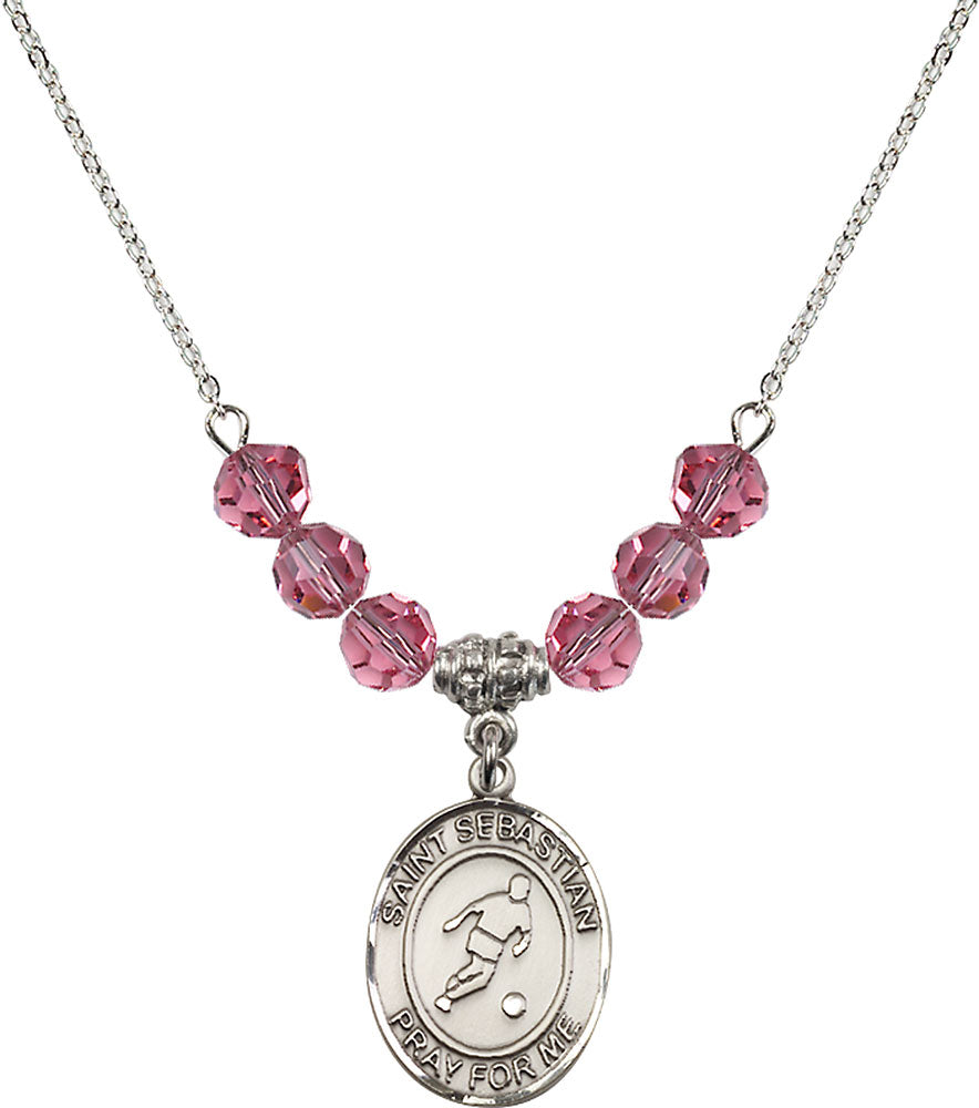 Sterling Silver Saint Sebastian/Soccer Birthstone Necklace with Rose Beads - 8164
