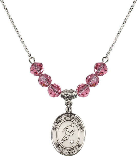 Sterling Silver Saint Sebastian/Soccer Birthstone Necklace with Rose Beads - 8164
