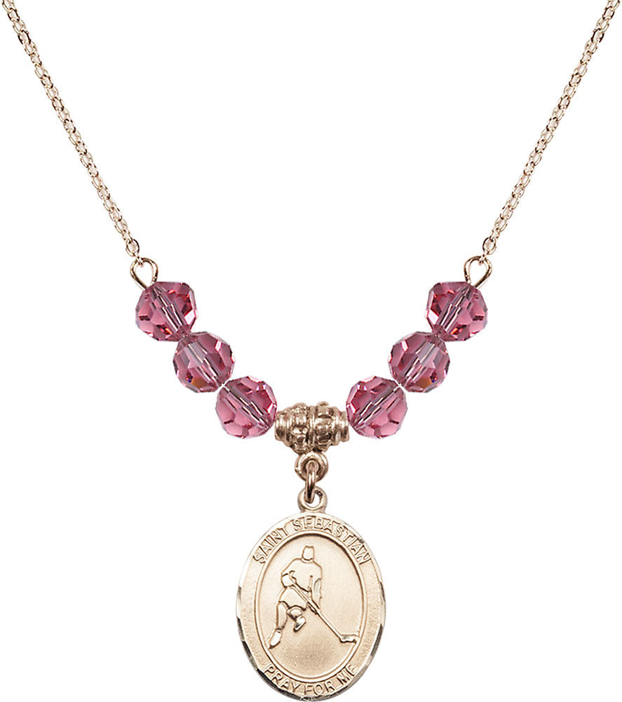 14kt Gold Filled Saint Sebastian/Ice Hockey Birthstone Necklace with Rose Beads - 8165