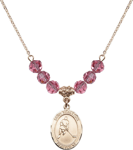 14kt Gold Filled Saint Sebastian/Ice Hockey Birthstone Necklace with Rose Beads - 8165