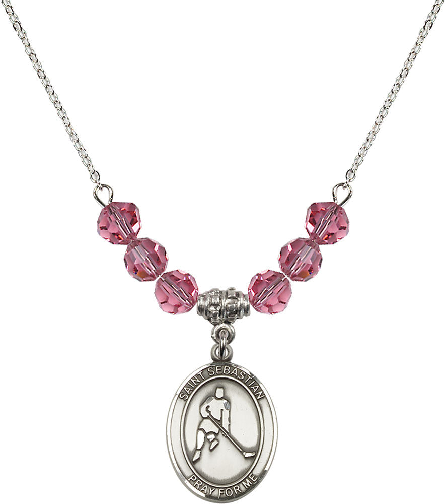 Sterling Silver Saint Sebastian/Ice Hockey Birthstone Necklace with Rose Beads - 8165