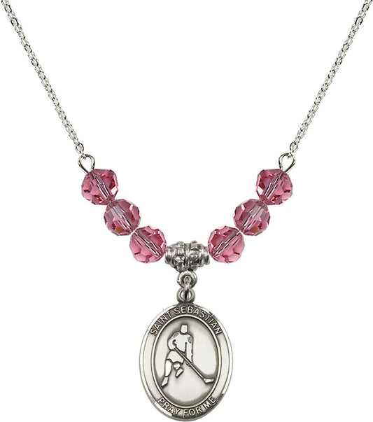 Sterling Silver Saint Sebastian/Ice Hockey Birthstone Necklace with Rose Beads - 8165