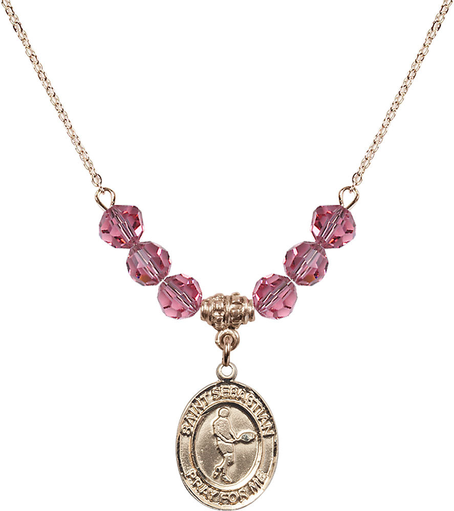 14kt Gold Filled Saint Sebastian/Tennis Birthstone Necklace with Rose Beads - 8166