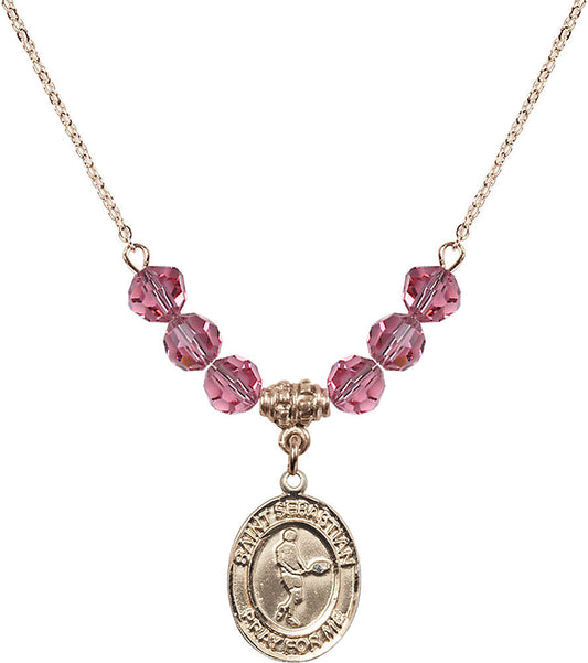 14kt Gold Filled Saint Sebastian/Tennis Birthstone Necklace with Rose Beads - 8166