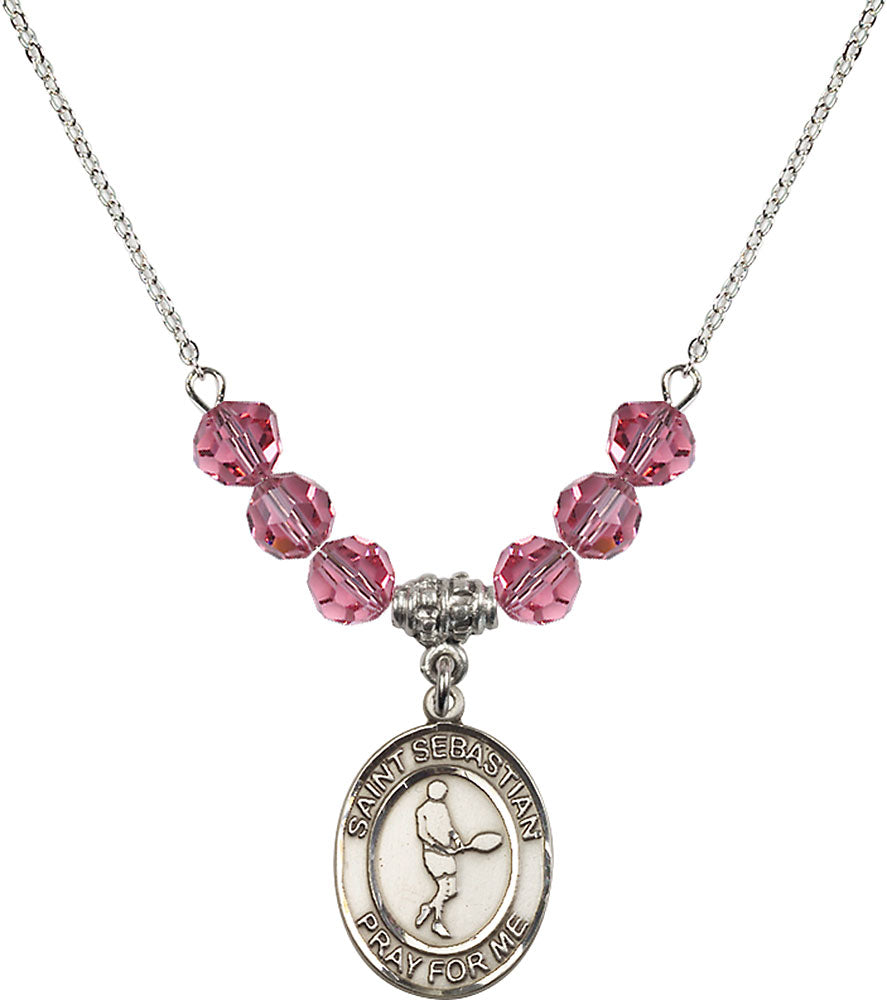 Sterling Silver Saint Sebastian/Tennis Birthstone Necklace with Rose Beads - 8166