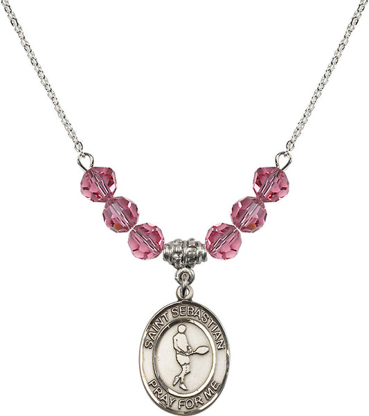 Sterling Silver Saint Sebastian/Tennis Birthstone Necklace with Rose Beads - 8166