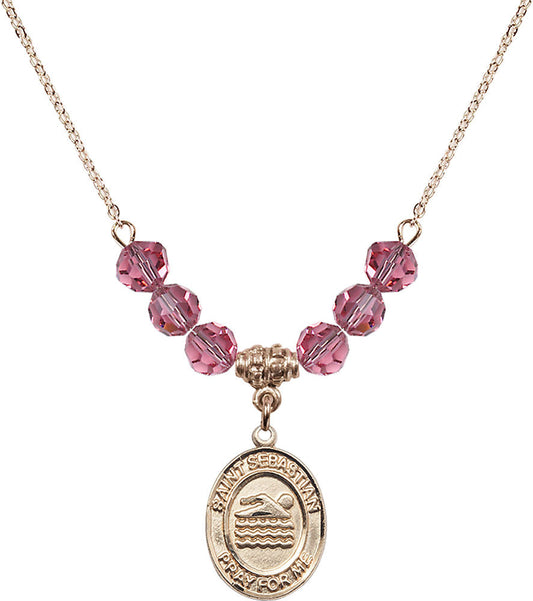 14kt Gold Filled Saint Sebastian/Swimming Birthstone Necklace with Rose Beads - 8167