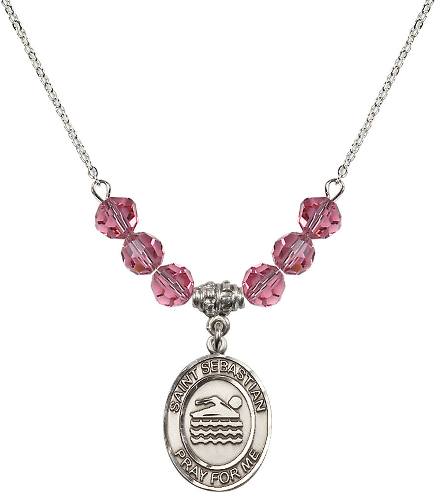 Sterling Silver Saint Sebastian/Swimming Birthstone Necklace with Rose Beads - 8167