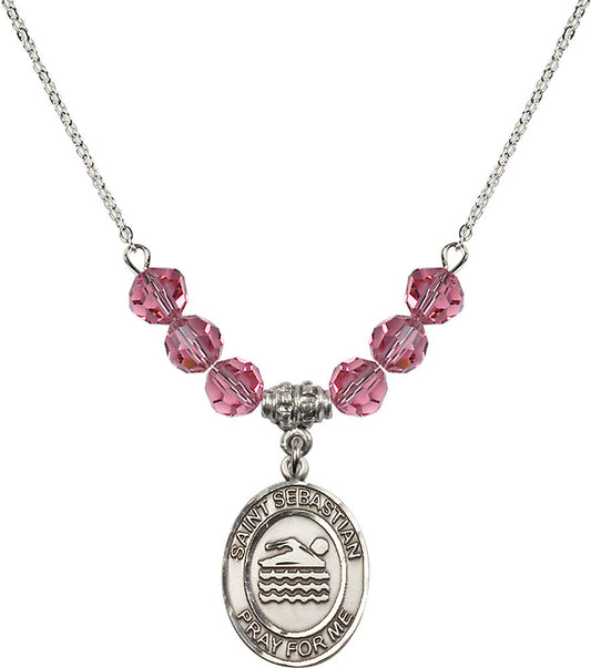 Sterling Silver Saint Sebastian/Swimming Birthstone Necklace with Rose Beads - 8167