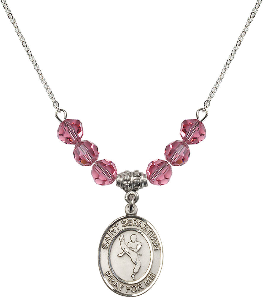 Sterling Silver Saint Sebastian/Martial Arts Birthstone Necklace with Rose Beads - 8168