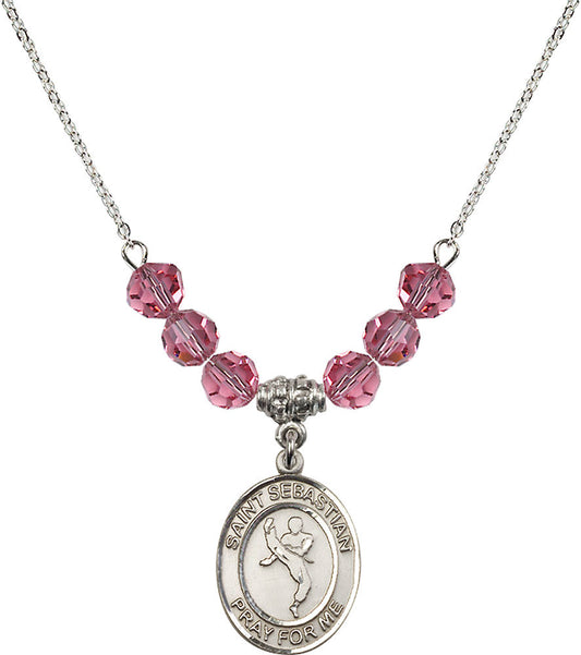 Sterling Silver Saint Sebastian/Martial Arts Birthstone Necklace with Rose Beads - 8168