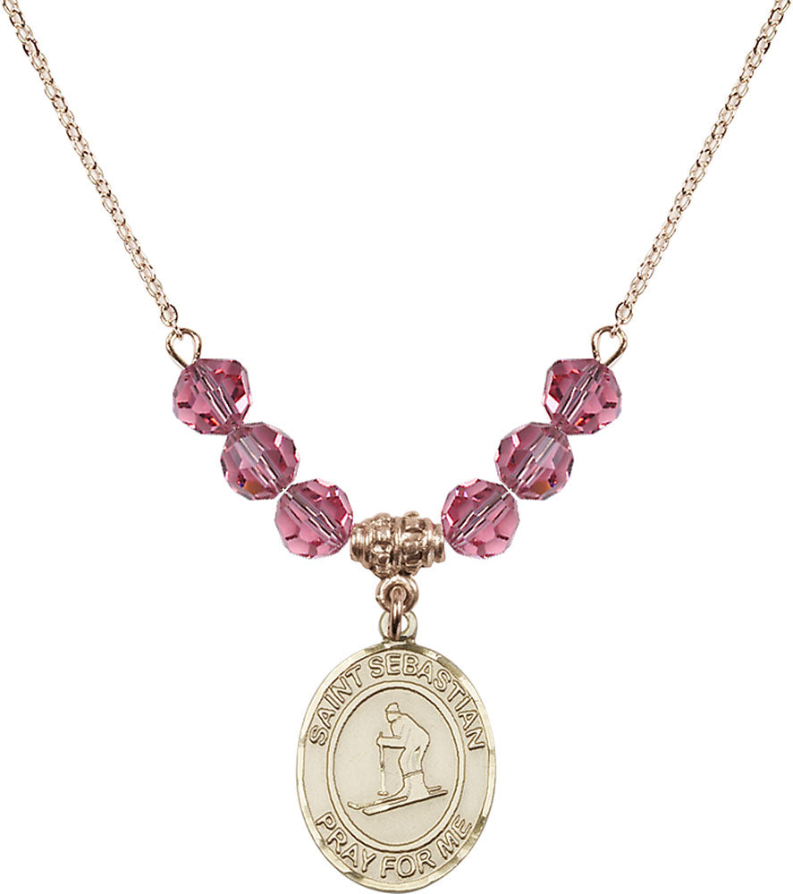 14kt Gold Filled Saint Sebastian/Skiing Birthstone Necklace with Rose Beads - 8169