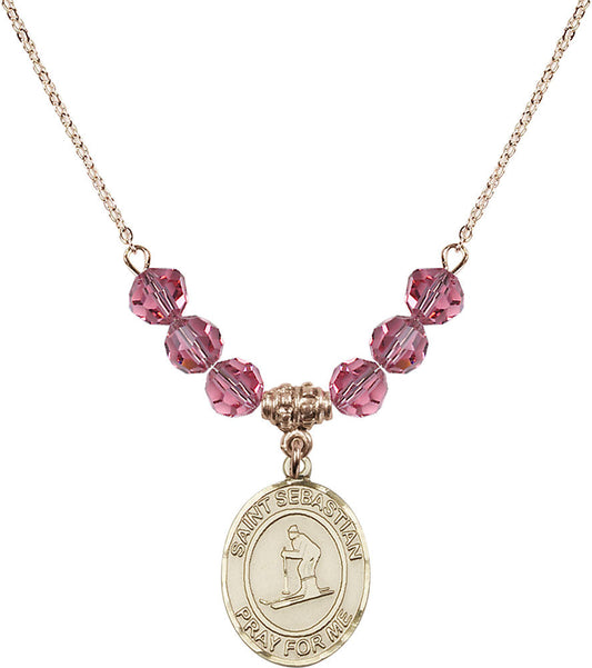 14kt Gold Filled Saint Sebastian/Skiing Birthstone Necklace with Rose Beads - 8169