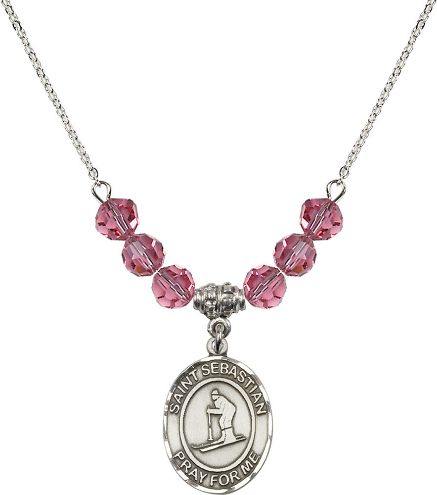 Sterling Silver Saint Sebastian/Skiing Birthstone Necklace with Rose Beads - 8169