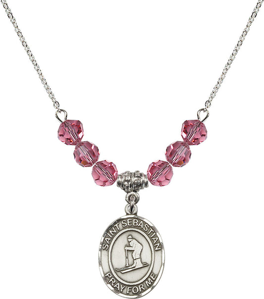 Sterling Silver Saint Sebastian/Skiing Birthstone Necklace with Rose Beads - 8169