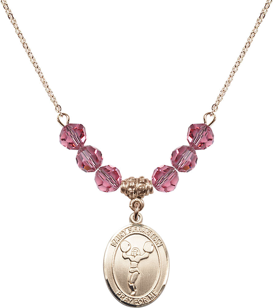 14kt Gold Filled Saint Sebastian/Cheerleading Birthstone Necklace with Rose Beads - 8170