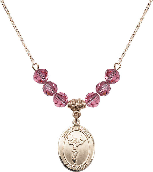14kt Gold Filled Saint Sebastian/Cheerleading Birthstone Necklace with Rose Beads - 8170
