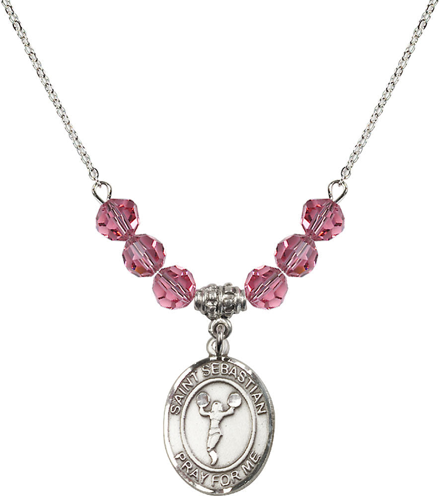 Sterling Silver Saint Sebastian/Cheerleading Birthstone Necklace with Rose Beads - 8170