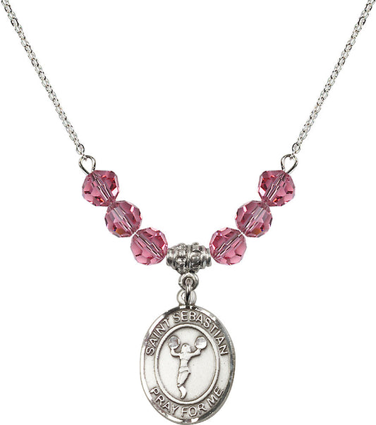 Sterling Silver Saint Sebastian/Cheerleading Birthstone Necklace with Rose Beads - 8170