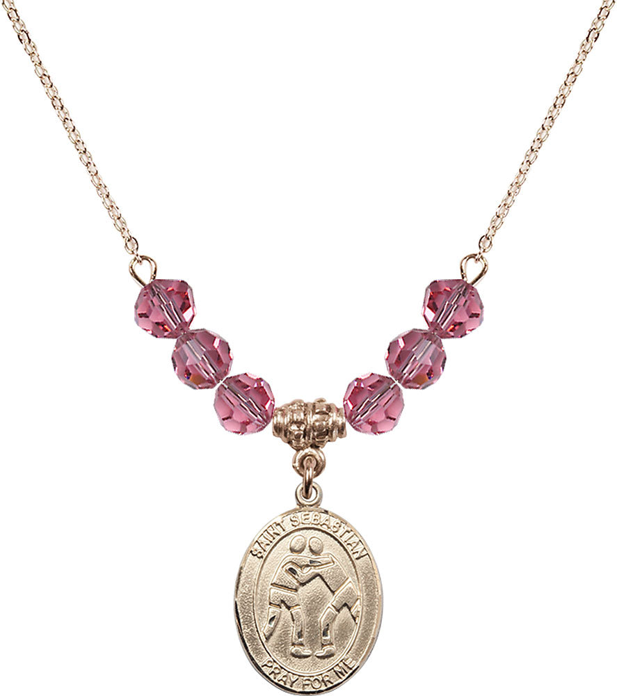 14kt Gold Filled Saint Sebastian/Wrestling Birthstone Necklace with Rose Beads - 8171