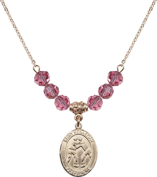 14kt Gold Filled Saint Sebastian/Wrestling Birthstone Necklace with Rose Beads - 8171