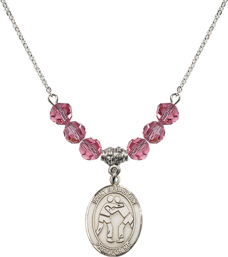 Sterling Silver Saint Sebastian/Wrestling Birthstone Necklace with Rose Beads - 8171