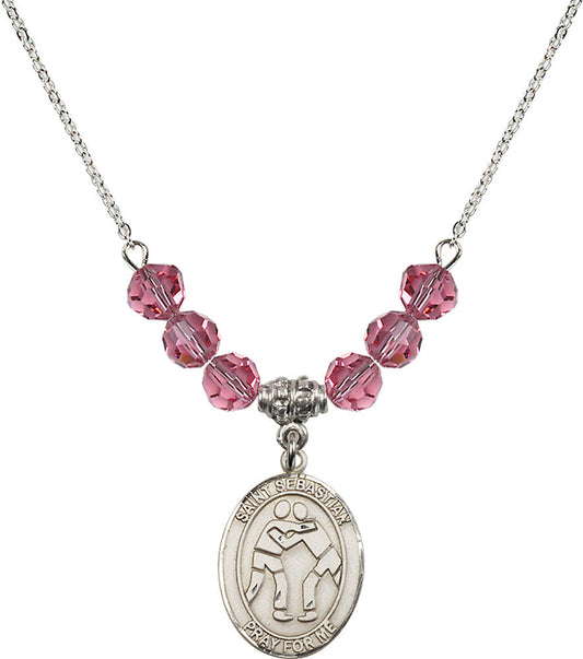 Sterling Silver Saint Sebastian/Wrestling Birthstone Necklace with Rose Beads - 8171