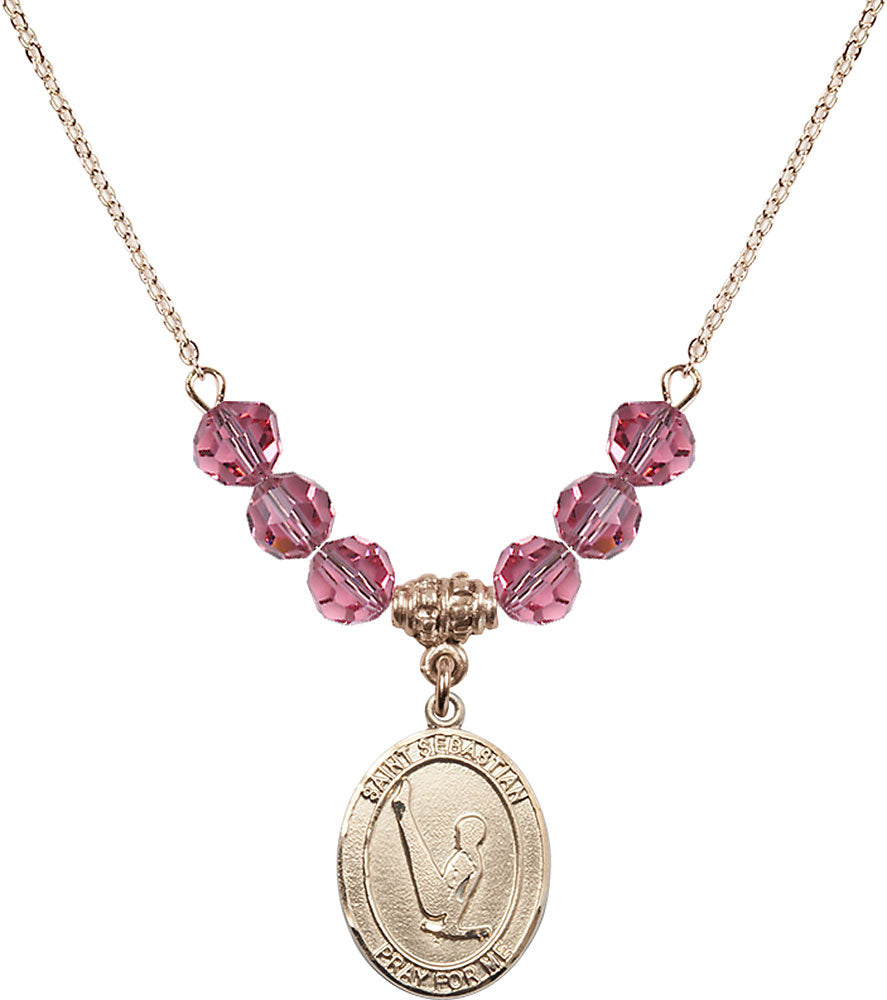 14kt Gold Filled Saint Sebastian/Gymnastics Birthstone Necklace with Rose Beads - 8172