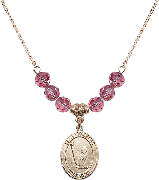 14kt Gold Filled Saint Sebastian/Gymnastics Birthstone Necklace with Rose Beads - 8172