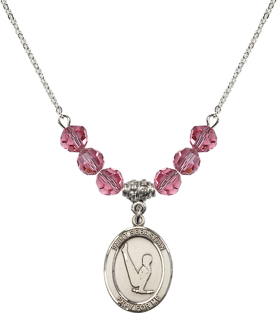 Sterling Silver Saint Sebastian/Gymnastics Birthstone Necklace with Rose Beads - 8172