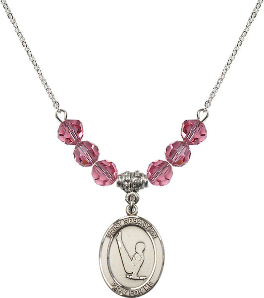Sterling Silver Saint Sebastian/Gymnastics Birthstone Necklace with Rose Beads - 8172