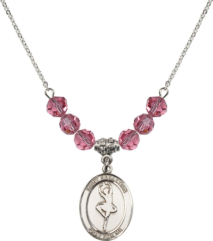 Sterling Silver Saint Sebastian/Dance Birthstone Necklace with Rose Beads - 8173