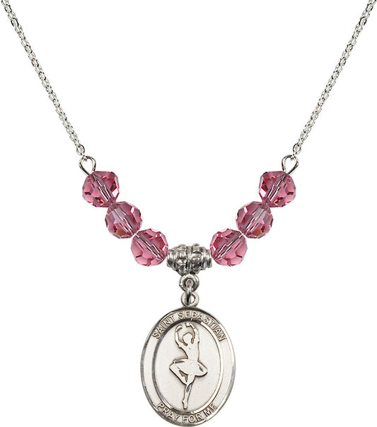 Sterling Silver Saint Sebastian/Dance Birthstone Necklace with Rose Beads - 8173
