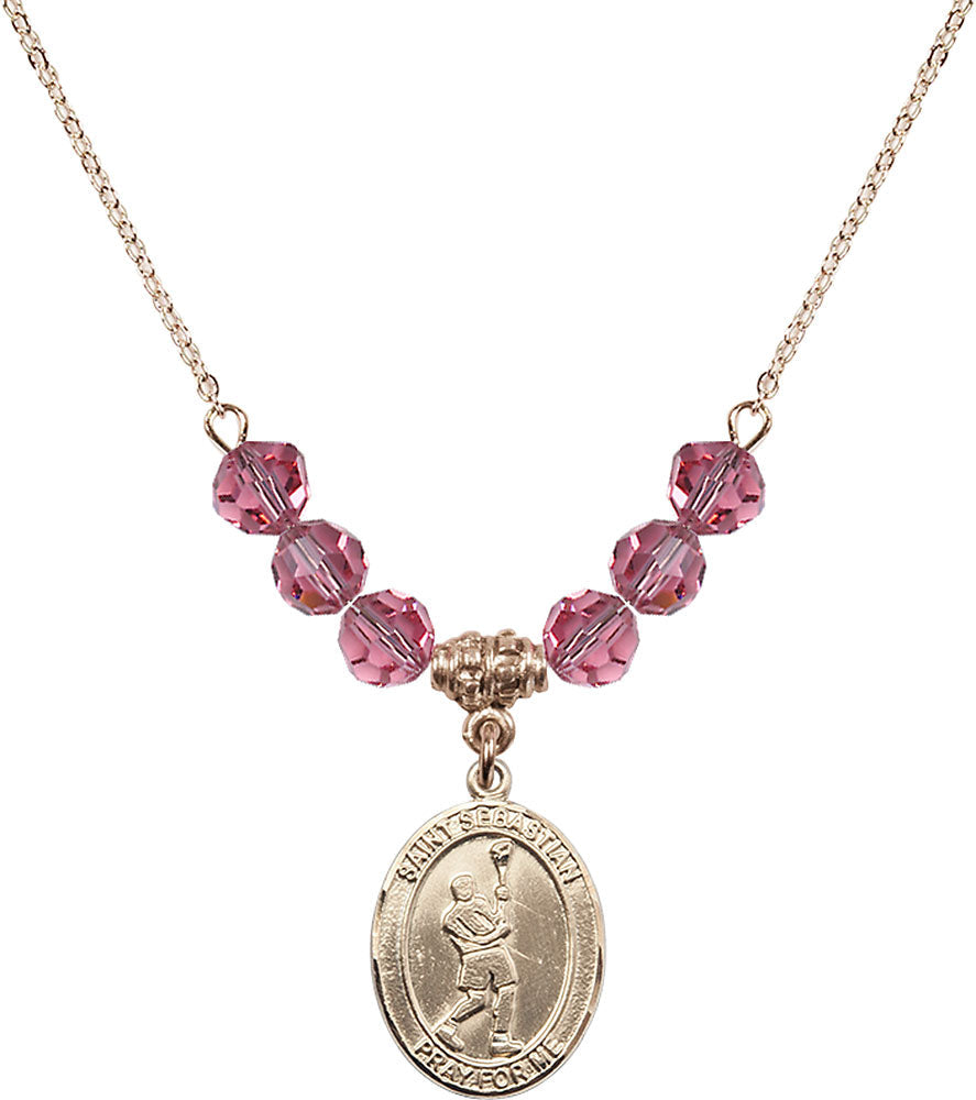 14kt Gold Filled Saint Sebastian/Lacrosse Birthstone Necklace with Rose Beads - 8174