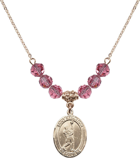 14kt Gold Filled Saint Sebastian/Lacrosse Birthstone Necklace with Rose Beads - 8174