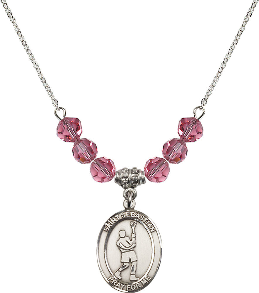 Sterling Silver Saint Sebastian/Lacrosse Birthstone Necklace with Rose Beads - 8174