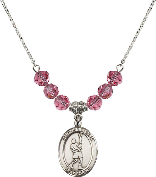 Sterling Silver Saint Sebastian/Lacrosse Birthstone Necklace with Rose Beads - 8174