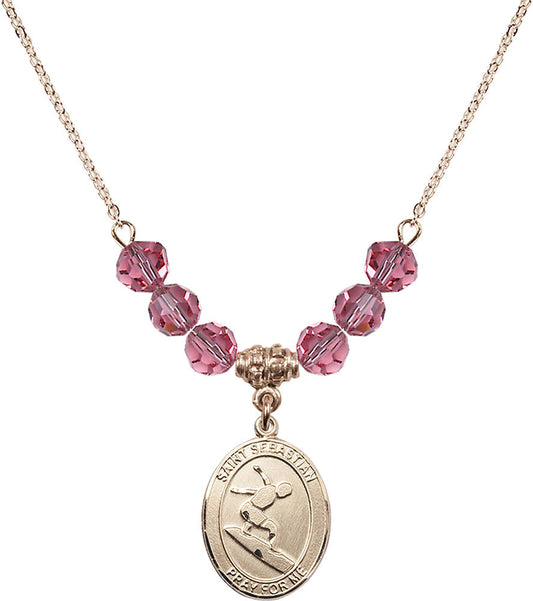 14kt Gold Filled Saint Sebastian/Surfing Birthstone Necklace with Rose Beads - 8175