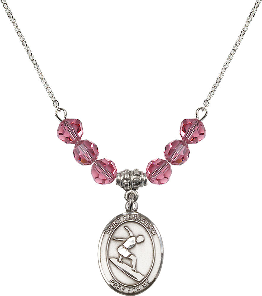 Sterling Silver Saint Sebastian/Surfing Birthstone Necklace with Rose Beads - 8175