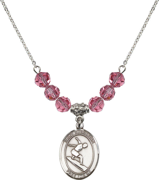 Sterling Silver Saint Sebastian/Surfing Birthstone Necklace with Rose Beads - 8175