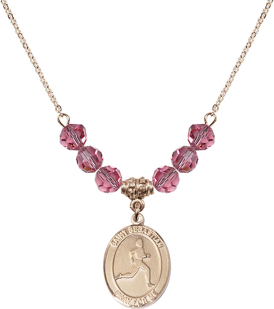 14kt Gold Filled Saint Sebastian/Track & Field Birthstone Necklace with Rose Beads - 8176