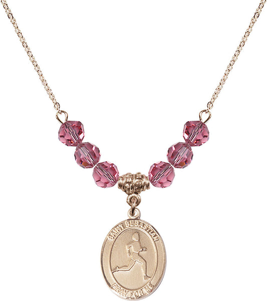 14kt Gold Filled Saint Sebastian/Track & Field Birthstone Necklace with Rose Beads - 8176