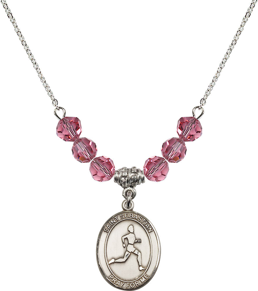 Sterling Silver Saint Sebastian/Track & Field Birthstone Necklace with Rose Beads - 8176