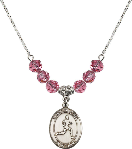 Sterling Silver Saint Sebastian/Track & Field Birthstone Necklace with Rose Beads - 8176